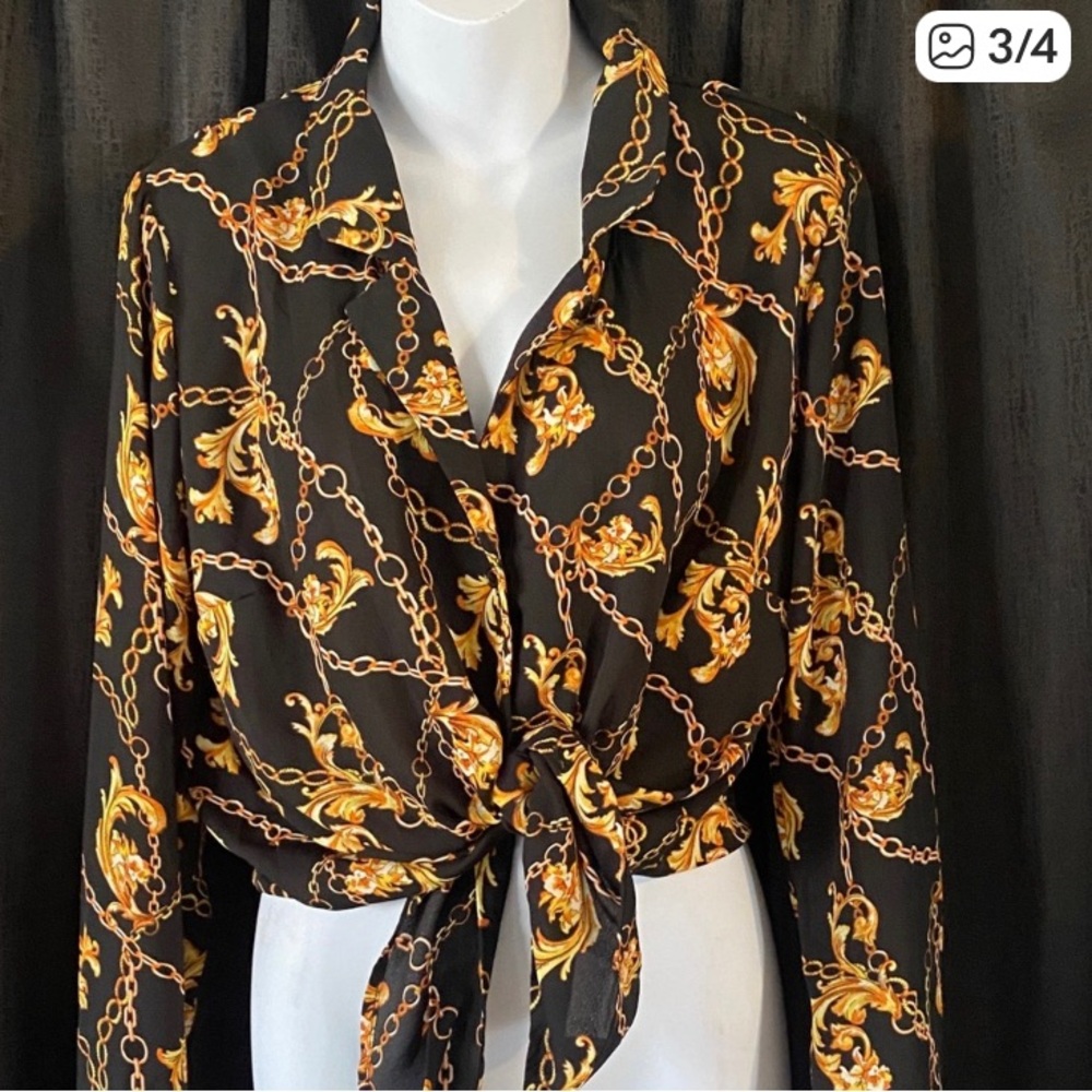 Fashion Nova Black and Gold Chain Print Blouse